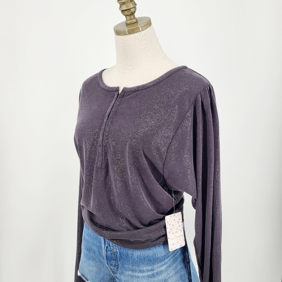 Free People Olivia Relaxed Henley Top Gray Sparkle Glitter Long Sleeve XS NWT - Picture 1 of 8